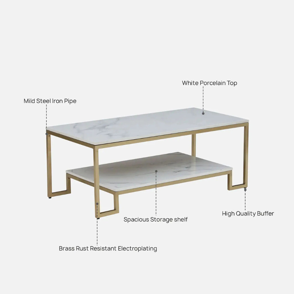 Metal Coffee Table with Brass Finish and Porcelain Top DECORMANTRA