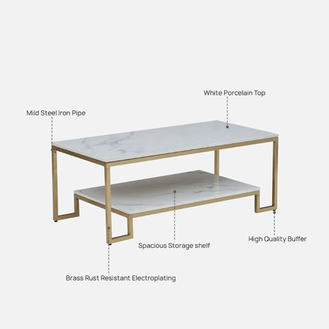 Metal Coffee Table with Brass Finish and Porcelain Top