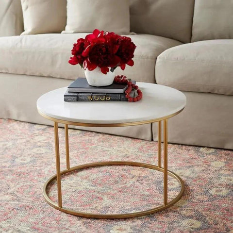 Premium White Marble Round Shaped Golden Stand Center Table - Decor Mantra 