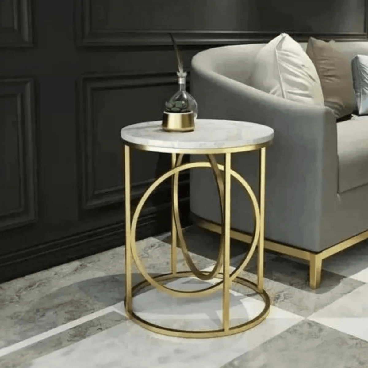 Modern White Marble Round Shaped Side Table with Golden Metallic Side - Decor Mantra 
