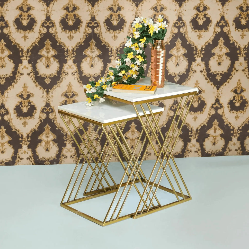 White Marble Golden Iron Stand Side Coffee Table Set of 2 - Decor Mantra 