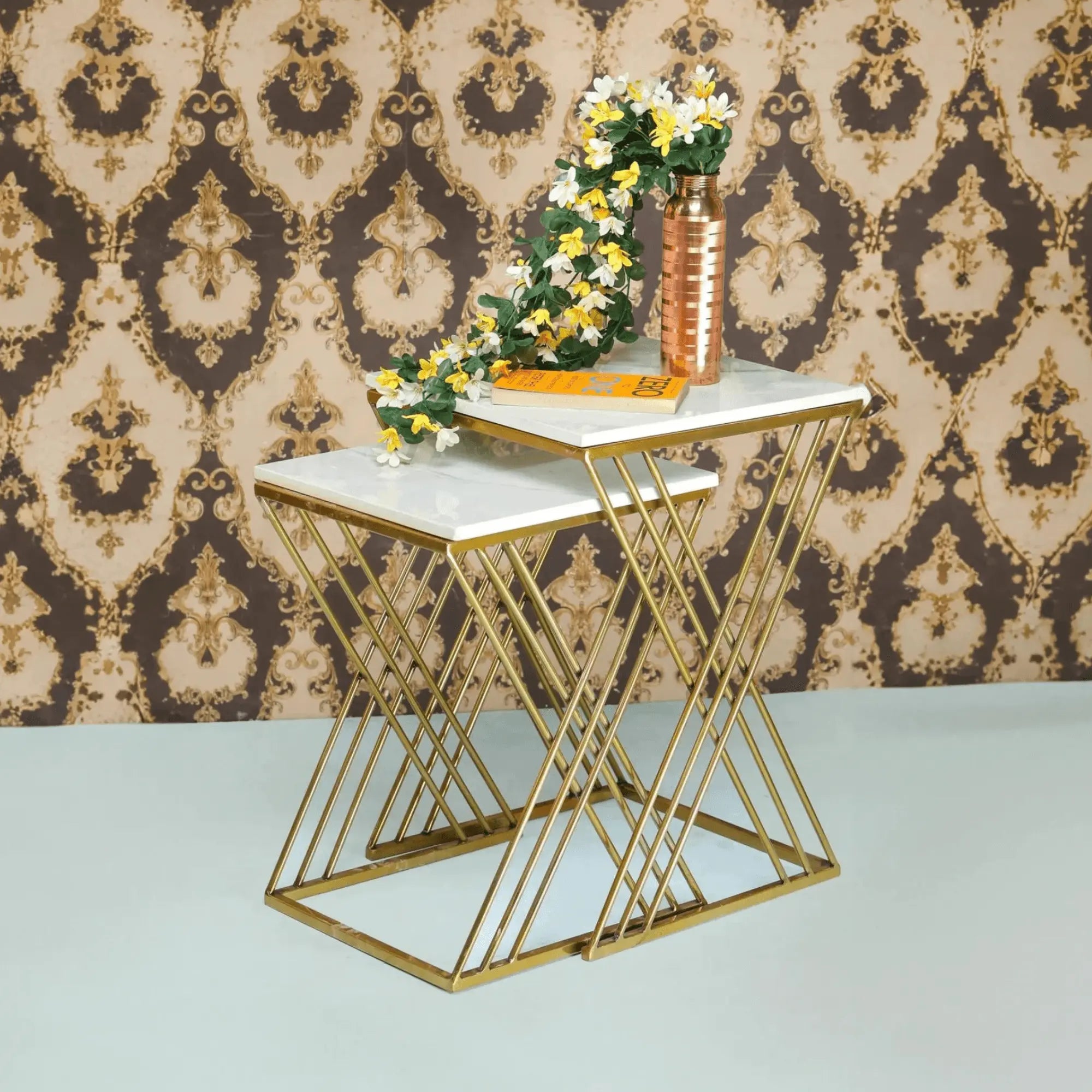 White Marble Golden Iron Stand Side Coffee Table Set of 2 - Decor Mantra 