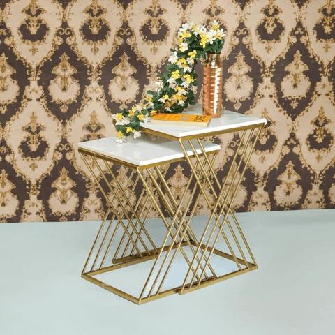 White Marble Golden Iron Stand Side Coffee Table Set of 2 - Decor Mantra 