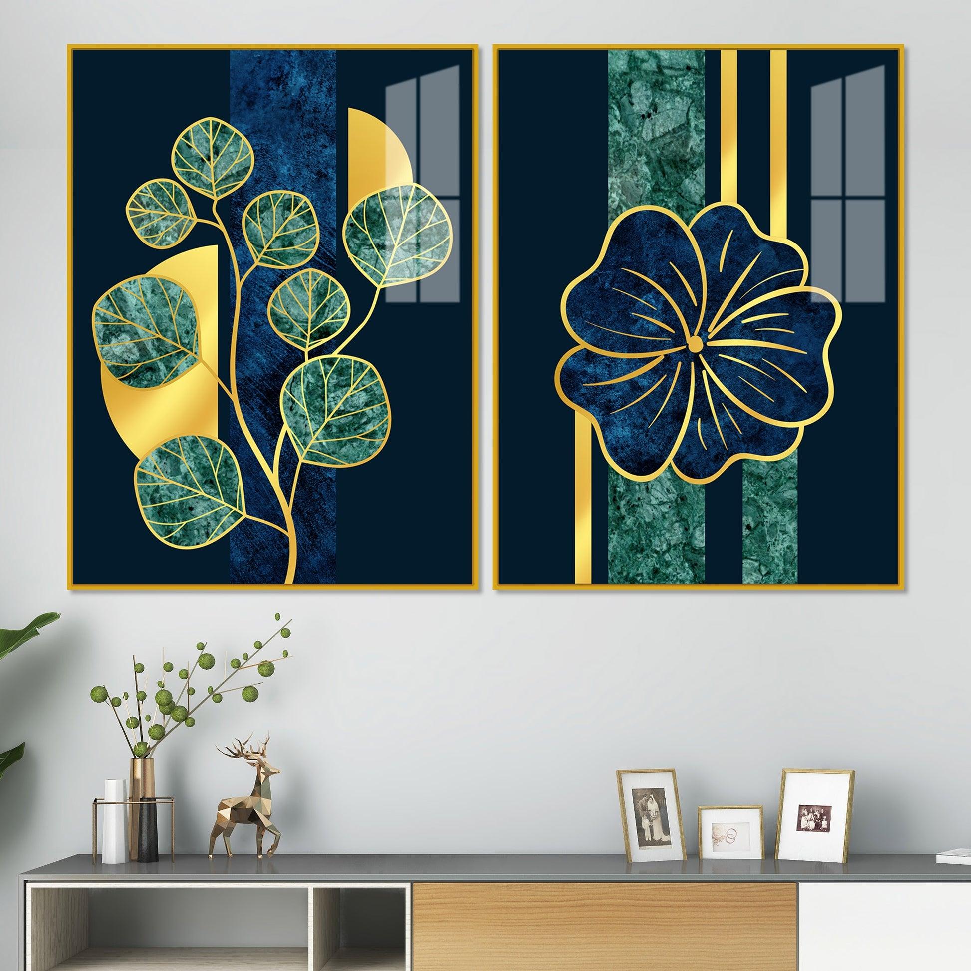 Blue Flower and Green Plant Acrylic Floating Wall Painting Set of 2 - Decor Mantra 