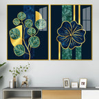 Blue Flower and Green Plant Acrylic Floating Wall Painting Set of 2 - Decor Mantra 