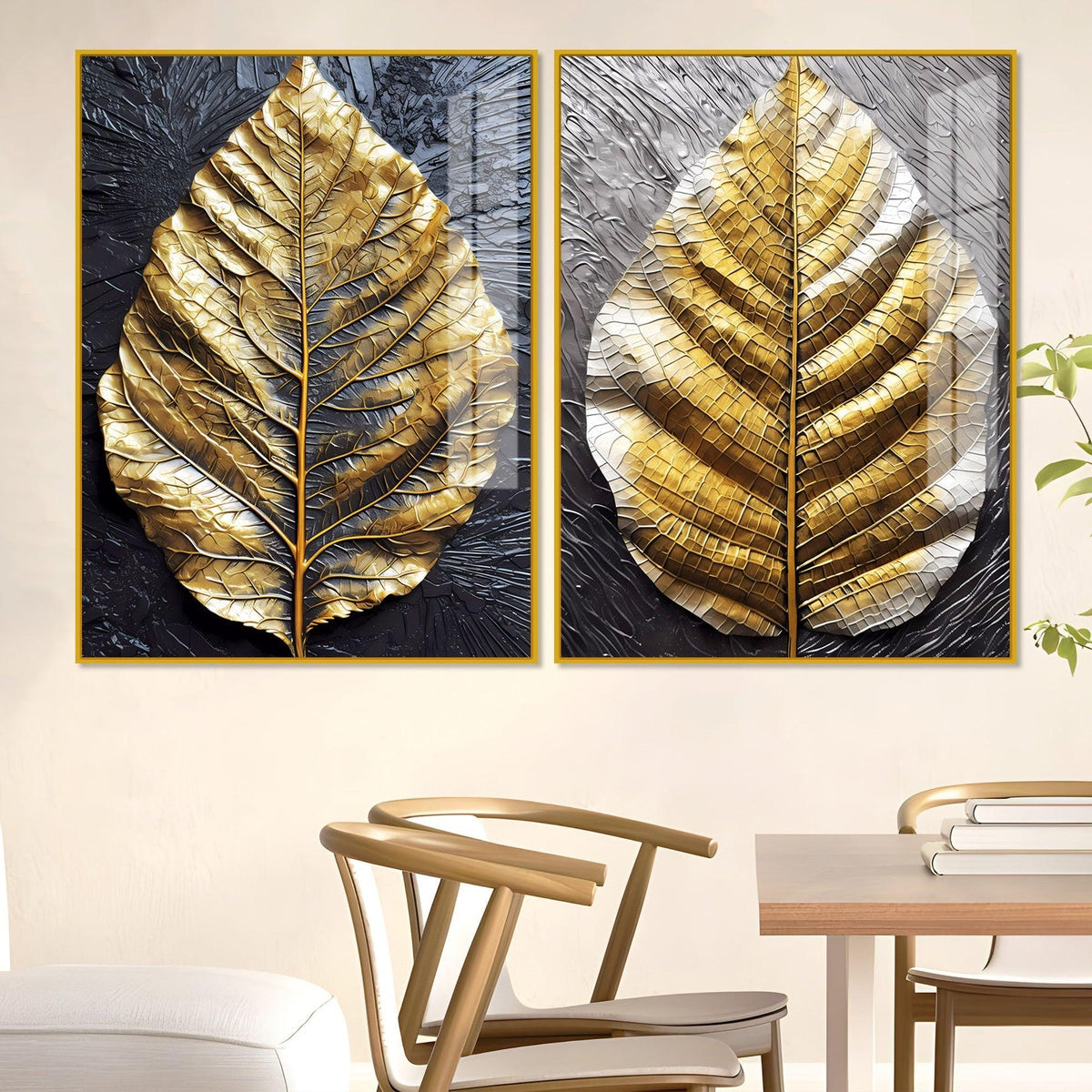 Golden Leaf Textured Impasto Layers Acrylic Floating Wall Painting Set Of 2 - Decor Mantra 