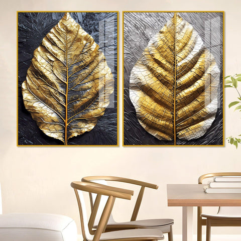Golden Leaf Textured Impasto Layers Acrylic Floating Wall Painting Set Of 2 - Decor Mantra 