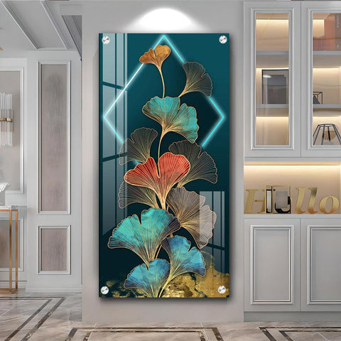 Elegant Ginkgo Leaf Gold Foil Entrance Hall Acrylic Vertical Wall Art - Decor Mantra 