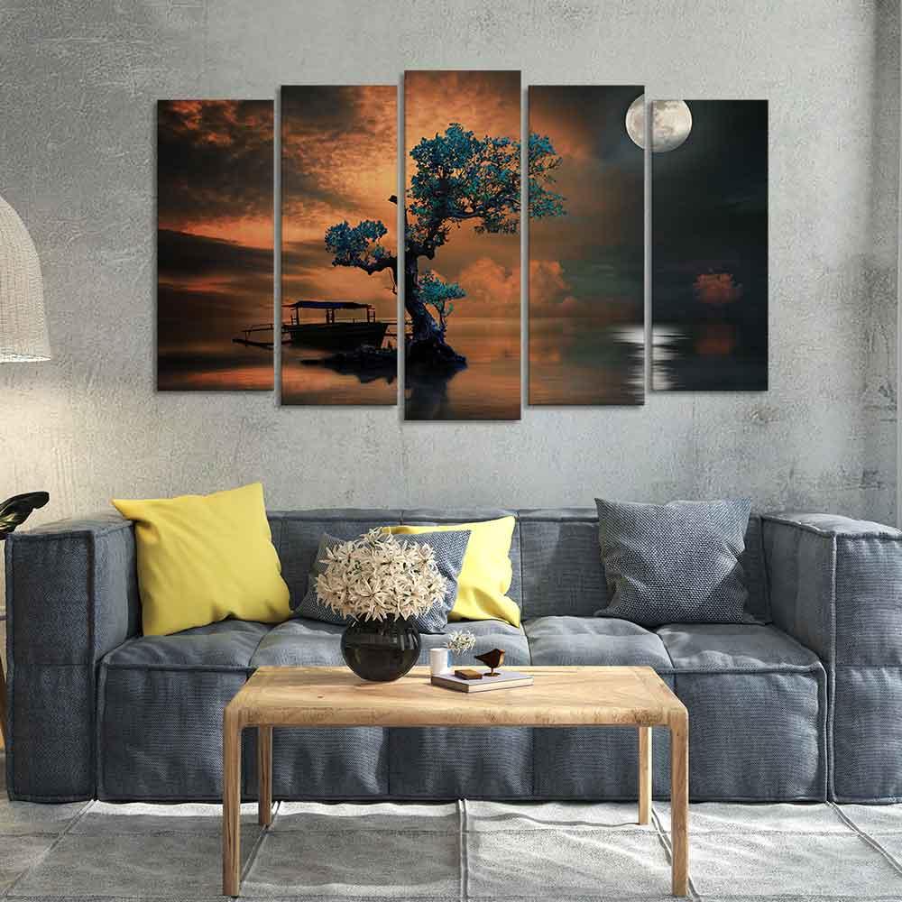 Amazing Tree Under The Moon Premium Wall Painting Set of 5 Pieces - Decor Mantra 