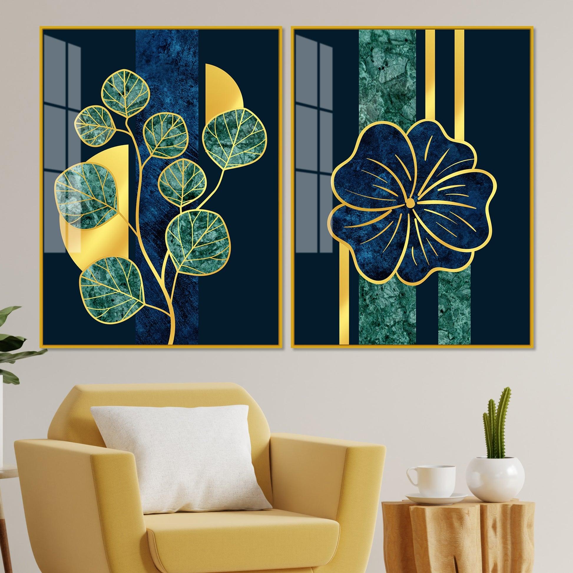 Blue Flower and Green Plant Acrylic Floating Wall Painting Set of 2 - Decor Mantra 