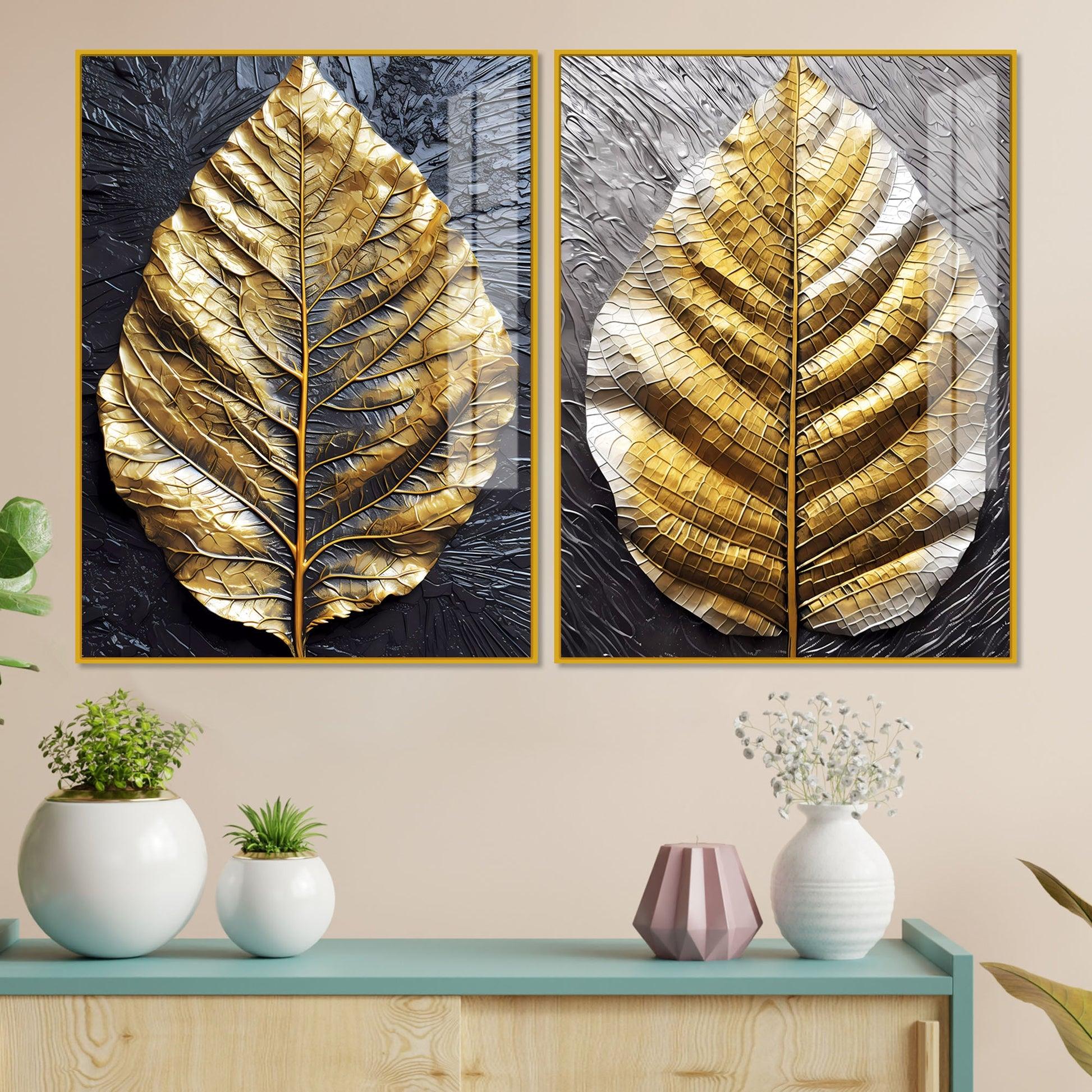 Golden Leaf Textured Impasto Layers Acrylic Floating Wall Painting Set Of 2 - Decor Mantra 
