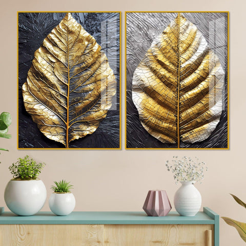 Golden Leaf Textured Impasto Layers Acrylic Floating Wall Painting Set Of 2 - Decor Mantra 