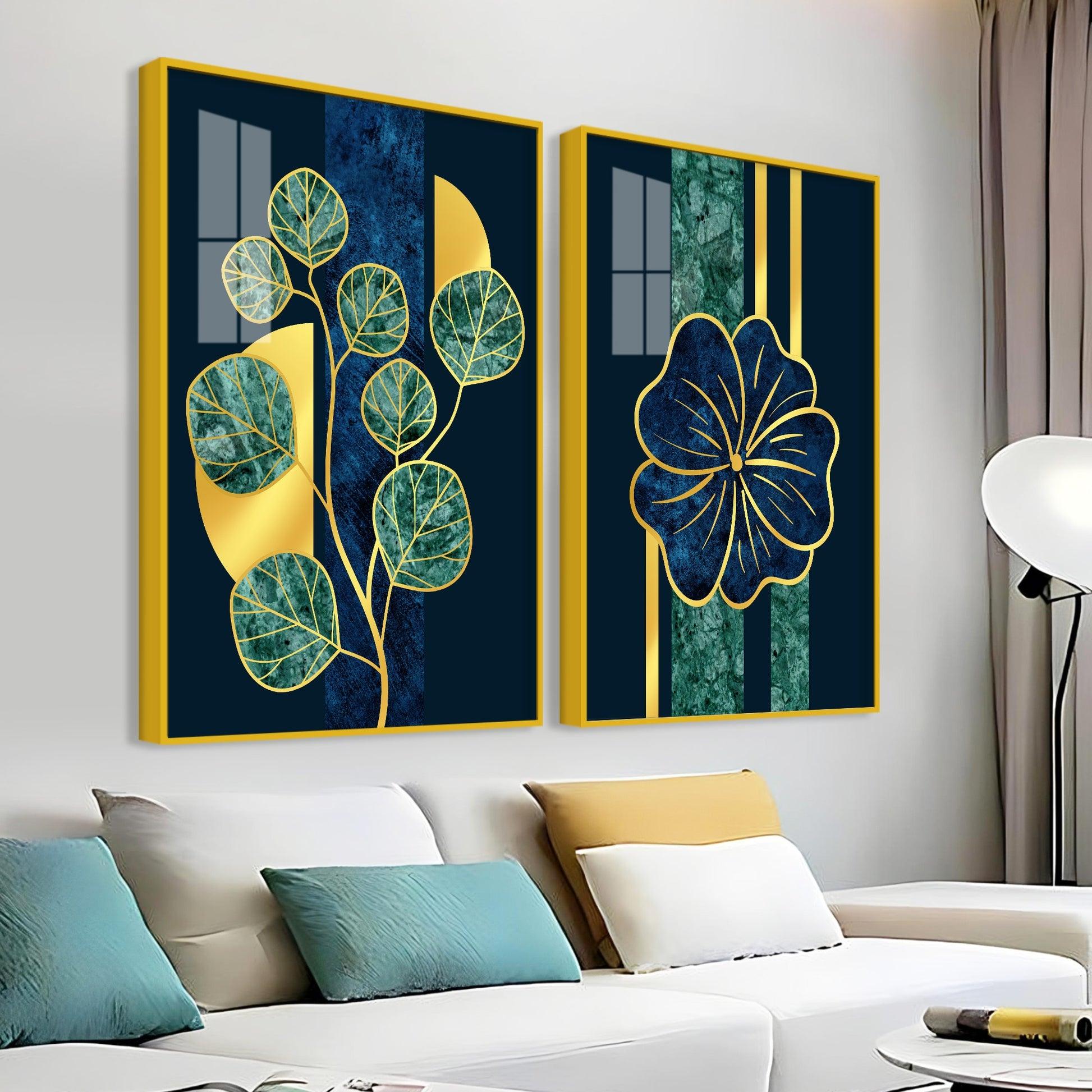 Blue Flower and Green Plant Acrylic Floating Wall Painting Set of 2 - Decor Mantra 