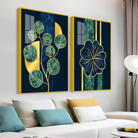 Blue Flower and Green Plant Acrylic Floating Wall Painting Set of 2 - Decor Mantra 