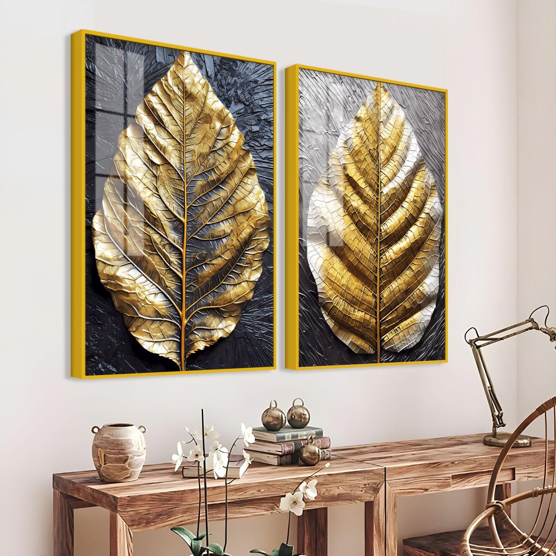 Golden Leaf Textured Impasto Layers Acrylic Floating Wall Painting Set Of 2 - Decor Mantra 