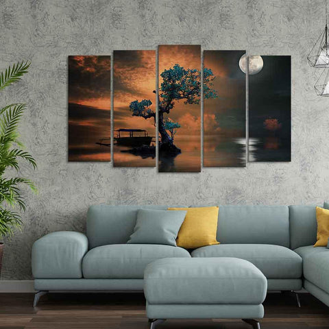 Amazing Tree Under The Moon Premium Wall Painting Set of 5 Pieces - Decor Mantra 