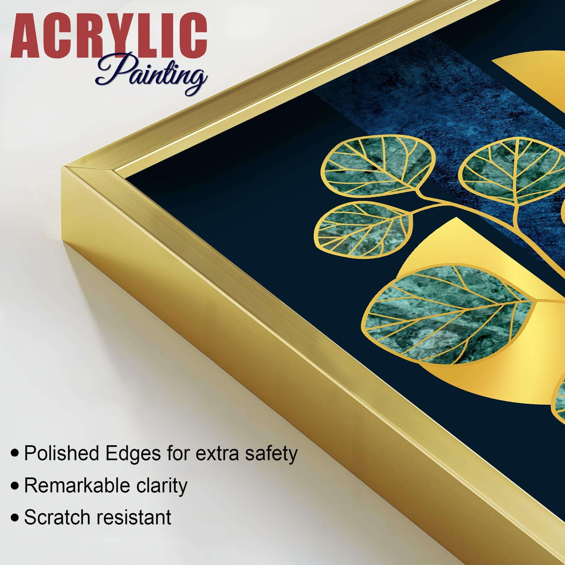 Blue Flower and Green Plant Acrylic Floating Wall Painting Set of 2 - Decor Mantra 