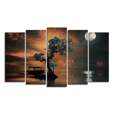 Amazing Tree Under The Moon Premium Wall Painting Set of 5 Pieces - Decor Mantra 