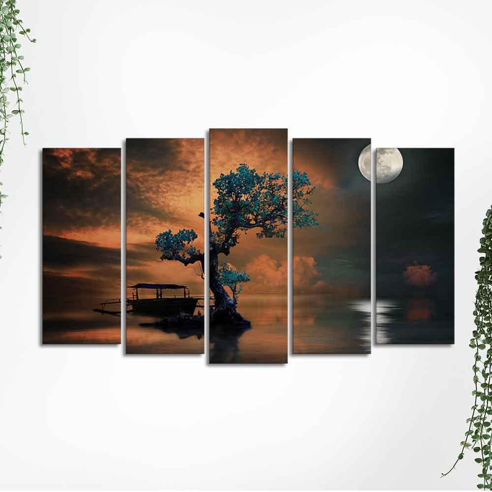 Amazing Tree Under The Moon Premium Wall Painting Set of 5 Pieces - Decor Mantra 