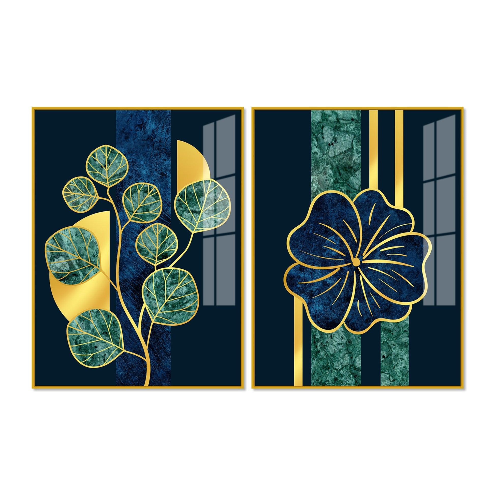 Blue Flower and Green Plant Acrylic Floating Wall Painting Set of 2 - Decor Mantra 