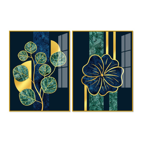 Blue Flower and Green Plant Acrylic Floating Wall Painting Set of 2 - Decor Mantra 