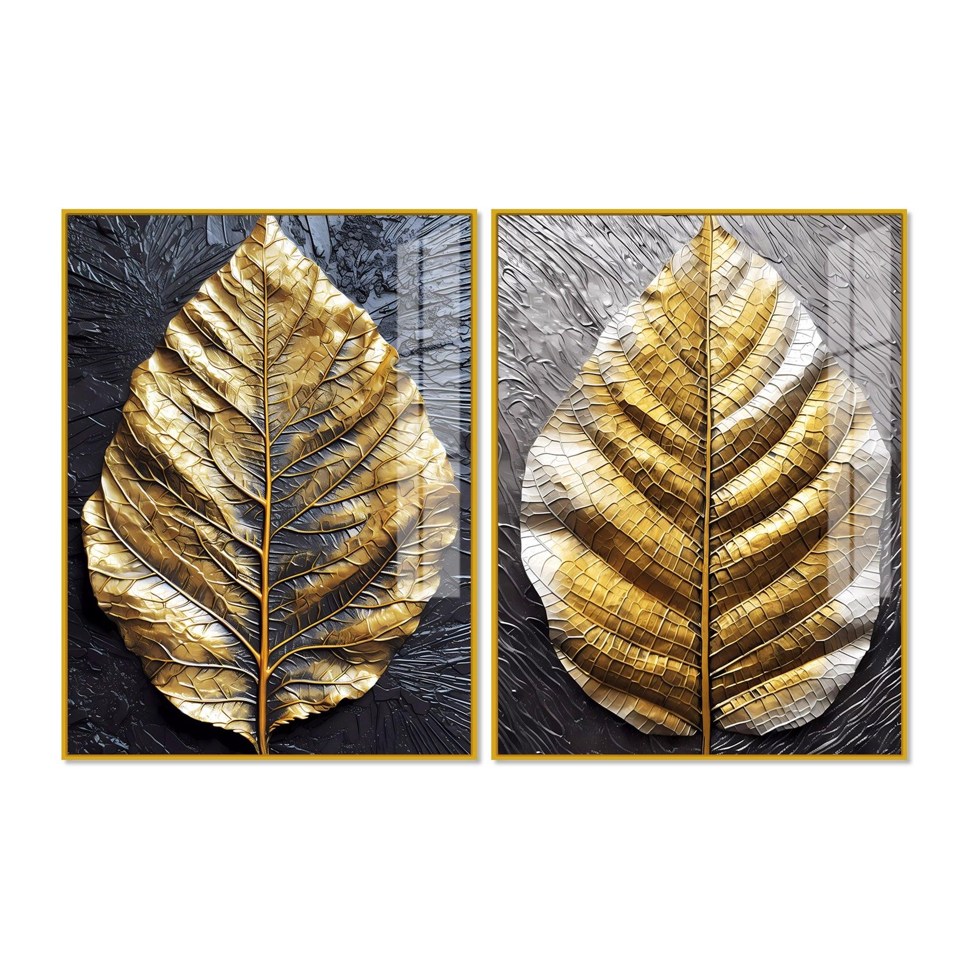 Golden Leaf Textured Impasto Layers Acrylic Floating Wall Painting Set Of 2 - Decor Mantra 