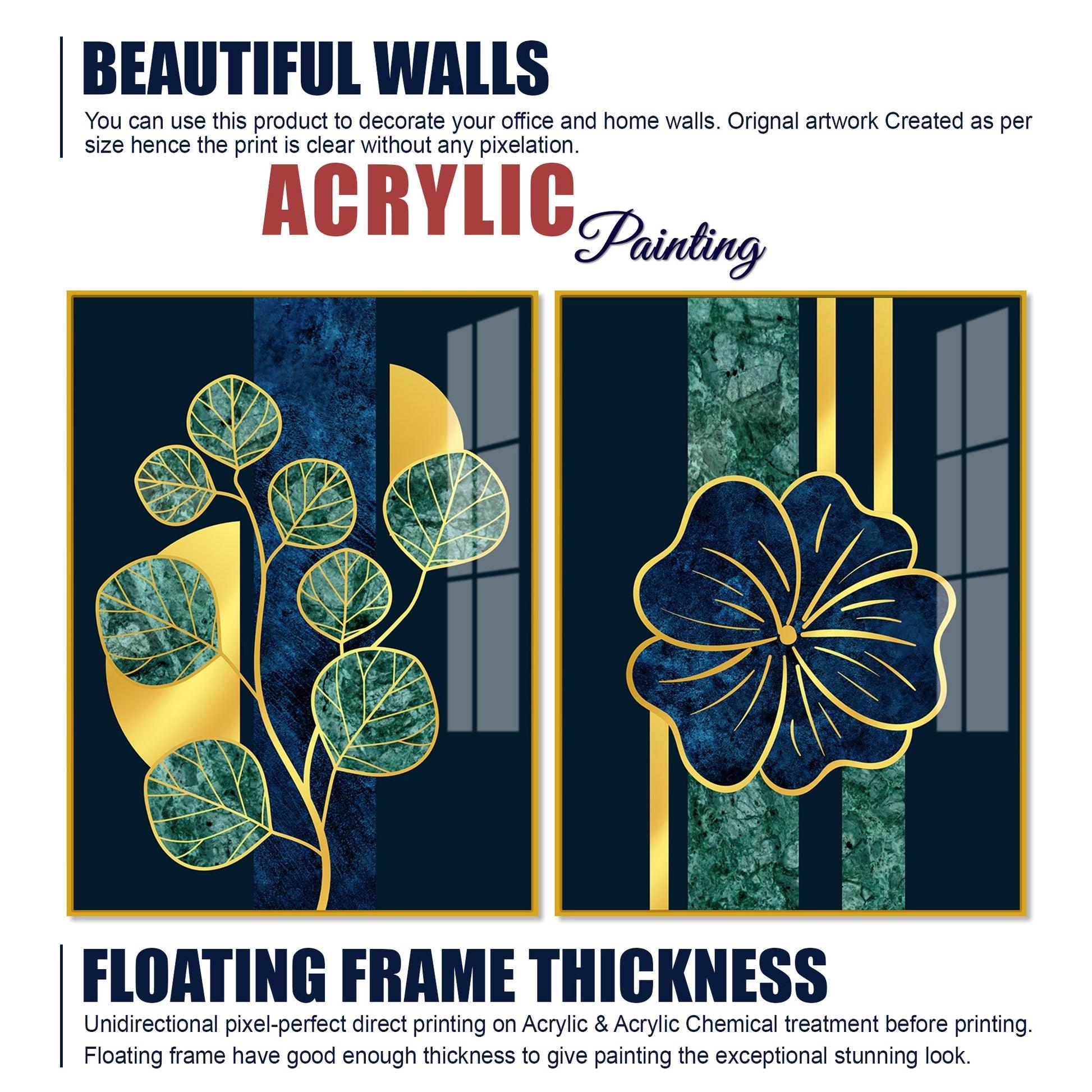 Blue Flower and Green Plant Acrylic Floating Wall Painting Set of 2 - Decor Mantra 