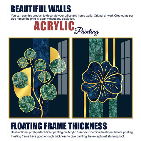 Blue Flower and Green Plant Acrylic Floating Wall Painting Set of 2 - Decor Mantra 