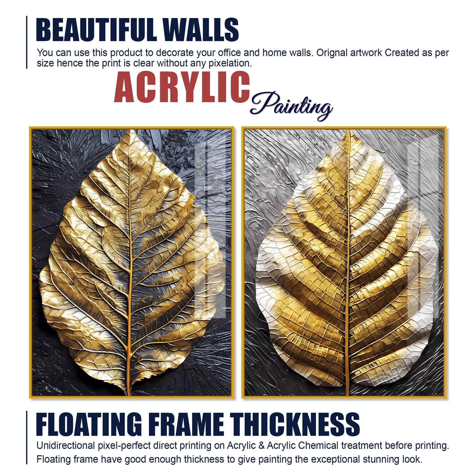 Golden Leaf Textured Impasto Layers Acrylic Floating Wall Painting Set Of 2 - Decor Mantra 