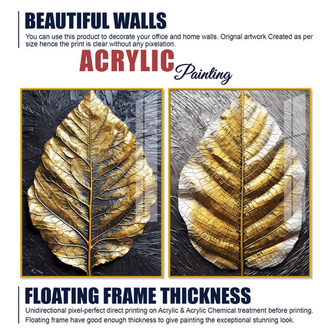 Golden Leaf Textured Impasto Layers Acrylic Floating Wall Painting Set Of 2 - Decor Mantra 