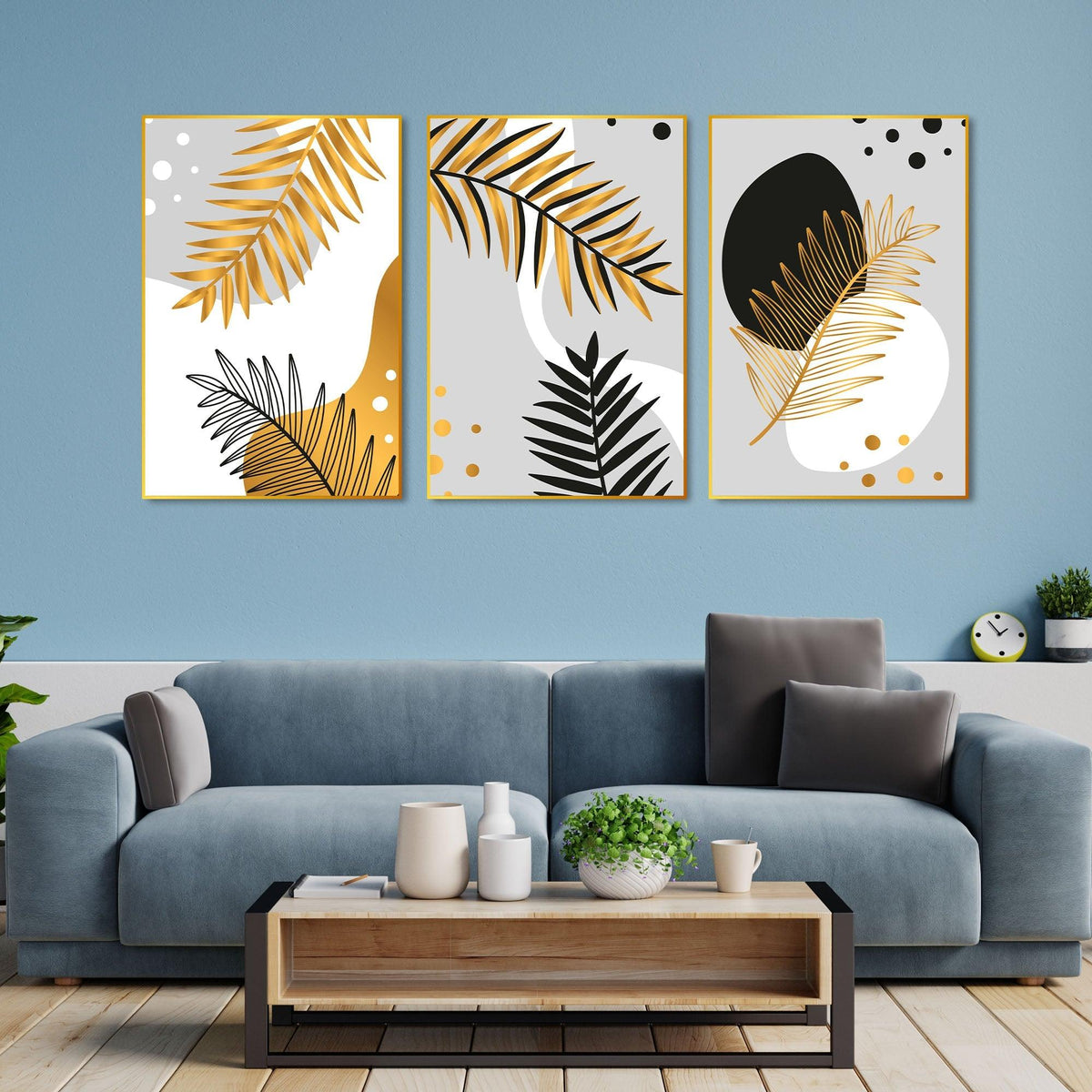 Palm Leaf Floating Canvas Wall Painting Set of Three - Decor Mantra 