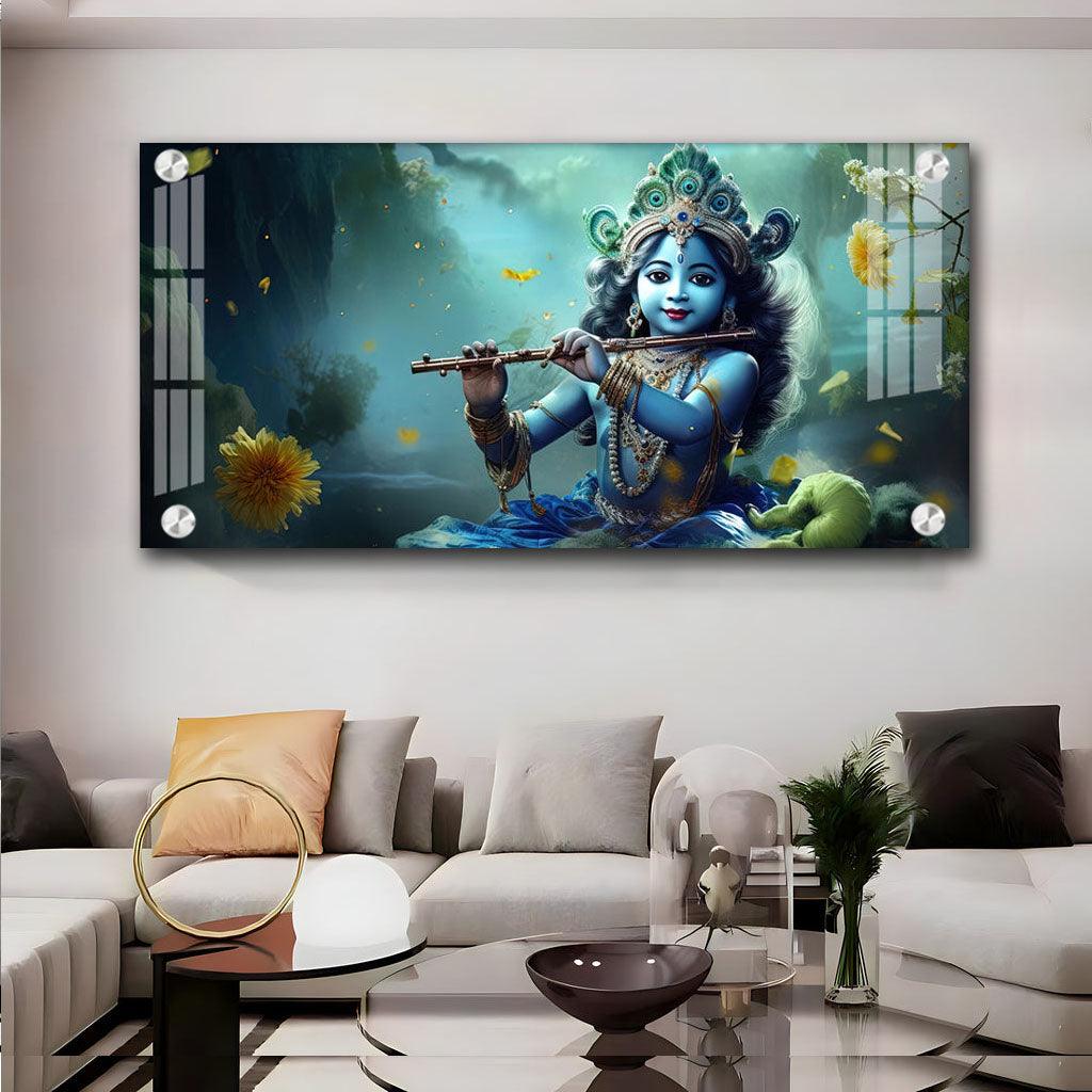 Little Krishna with Crown Premium Acrylic Horizontal Wall Art - Decor Mantra 