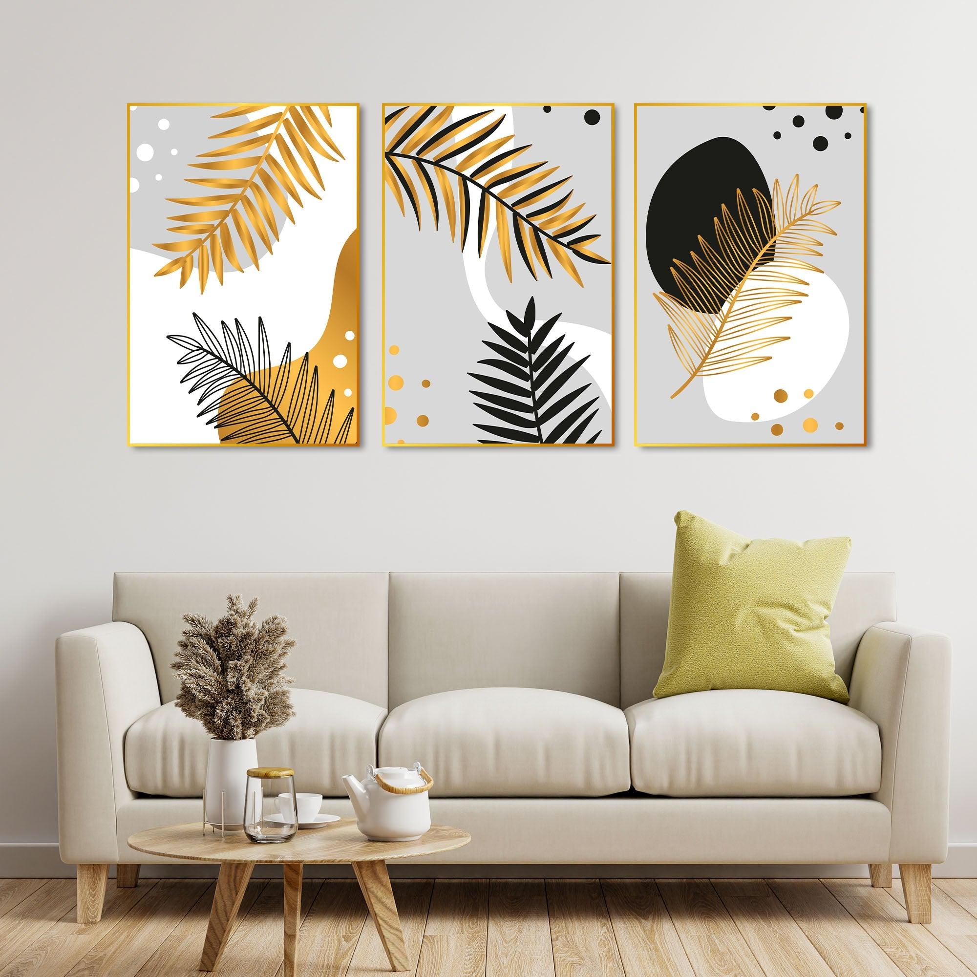 Palm Leaf Floating Canvas Wall Painting Set of Three - Decor Mantra 