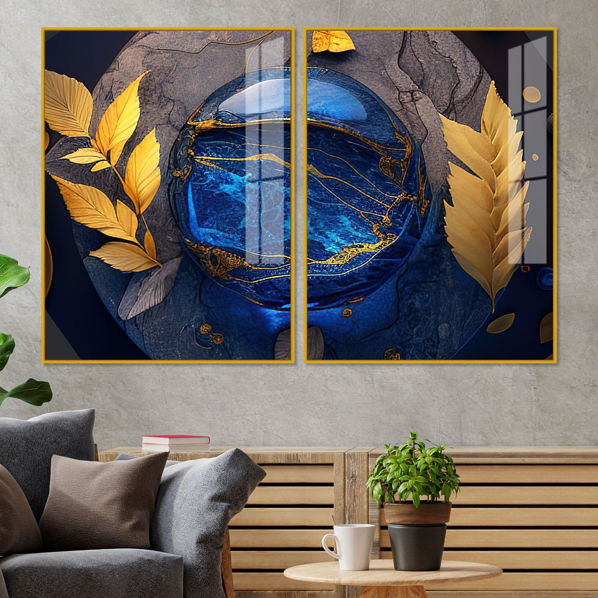 Golden Leaves Acrylic Floating Wall Painting Set of 2 - Decor Mantra 