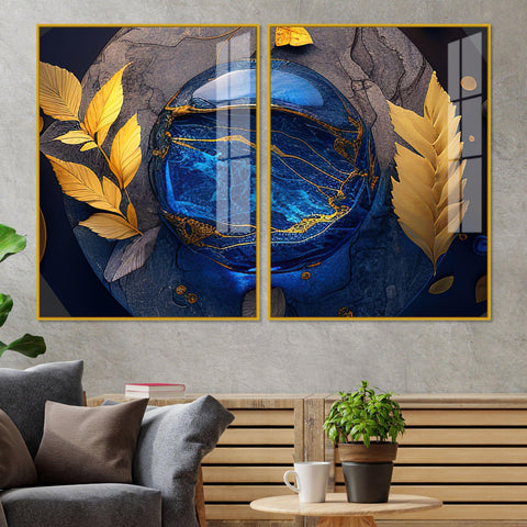 Golden Leaves Acrylic Floating Wall Painting Set of 2 - Decor Mantra 