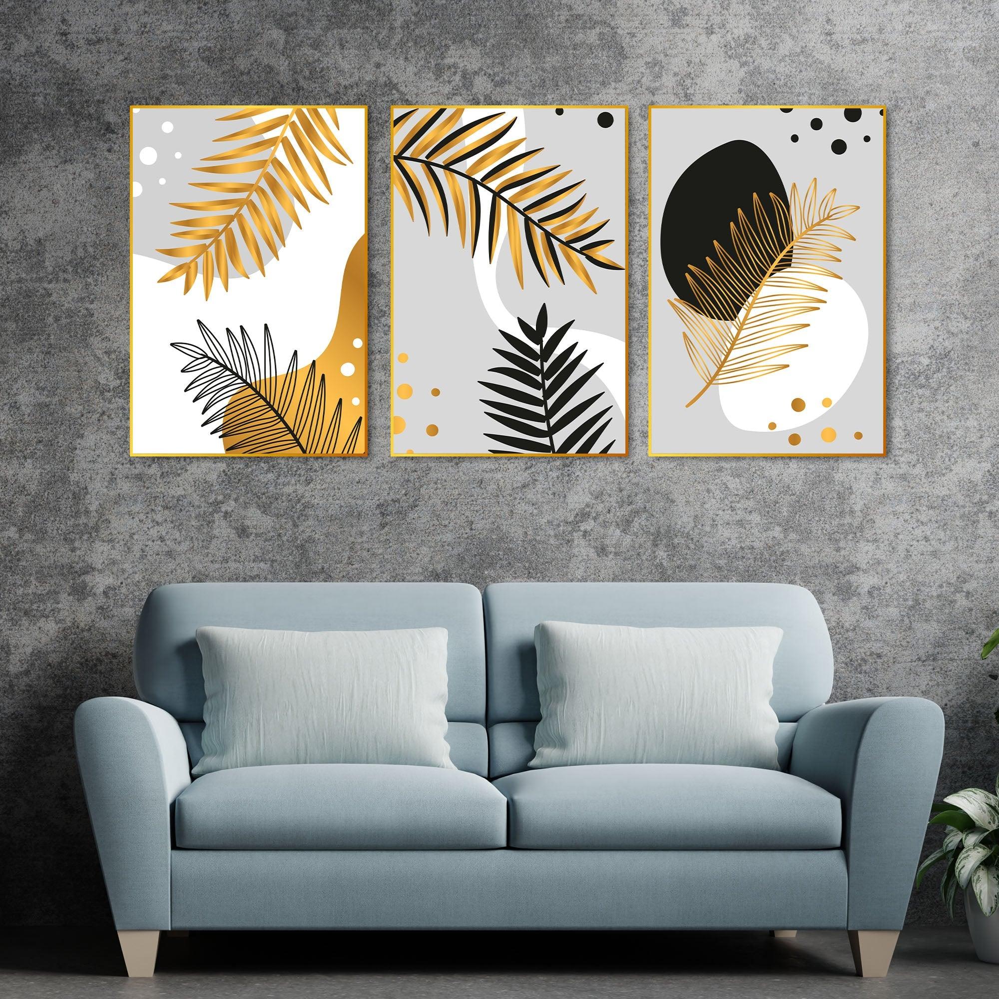 Palm Leaf Floating Canvas Wall Painting Set of Three - Decor Mantra 
