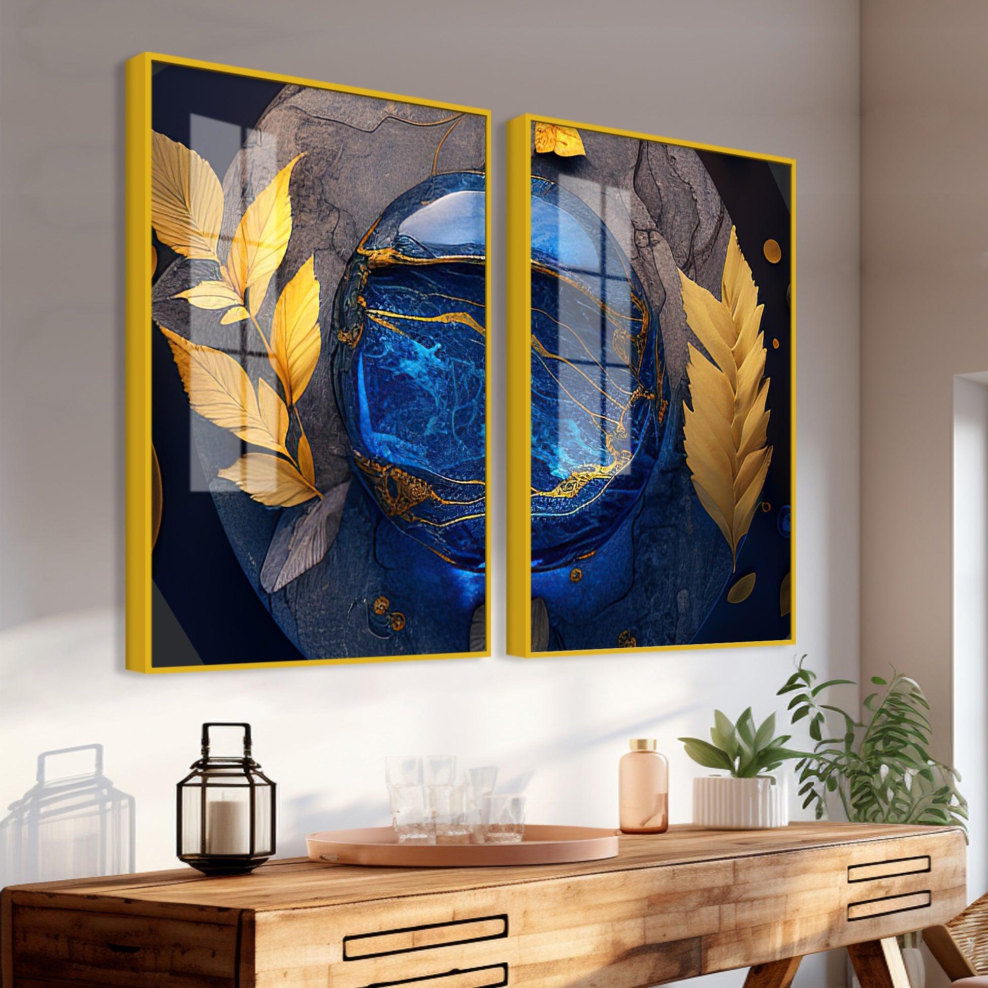 Golden Leaves Acrylic Floating Wall Painting Set of 2 - Decor Mantra 