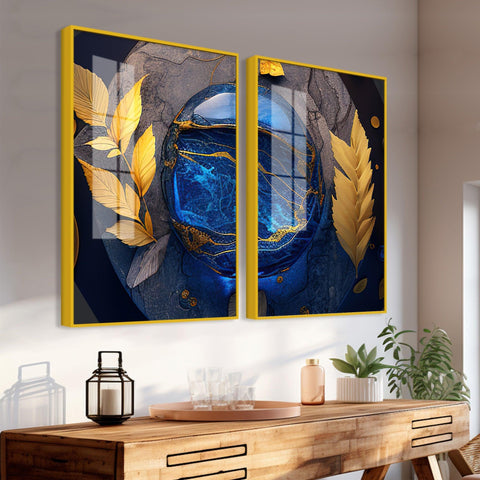 Golden Leaves Acrylic Floating Wall Painting Set of 2 - Decor Mantra 