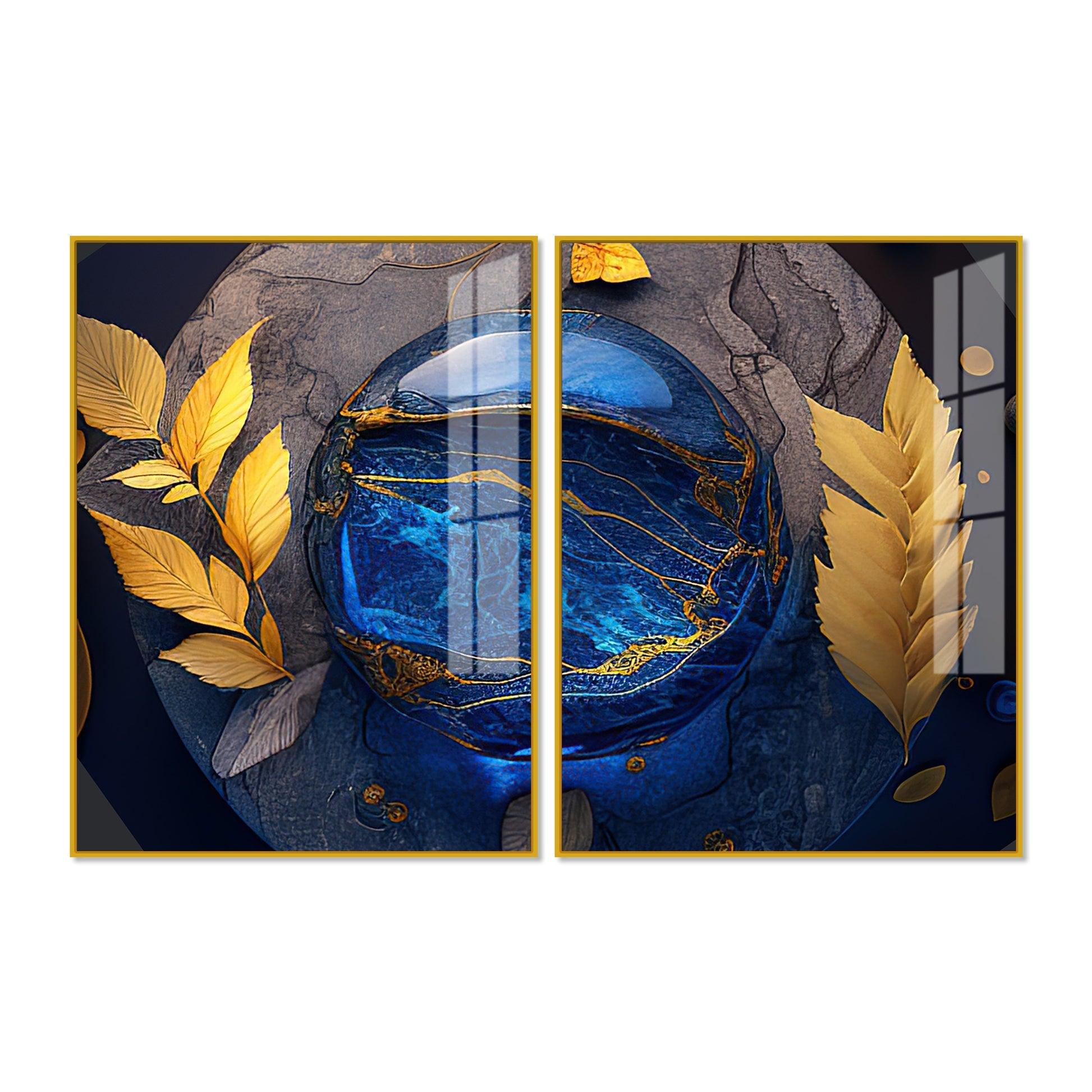 Golden Leaves Acrylic Floating Wall Painting Set of 2 - Decor Mantra 