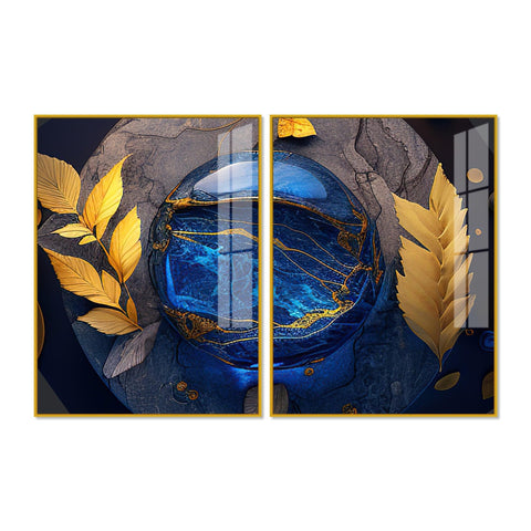 Golden Leaves Acrylic Floating Wall Painting Set of 2 - Decor Mantra 