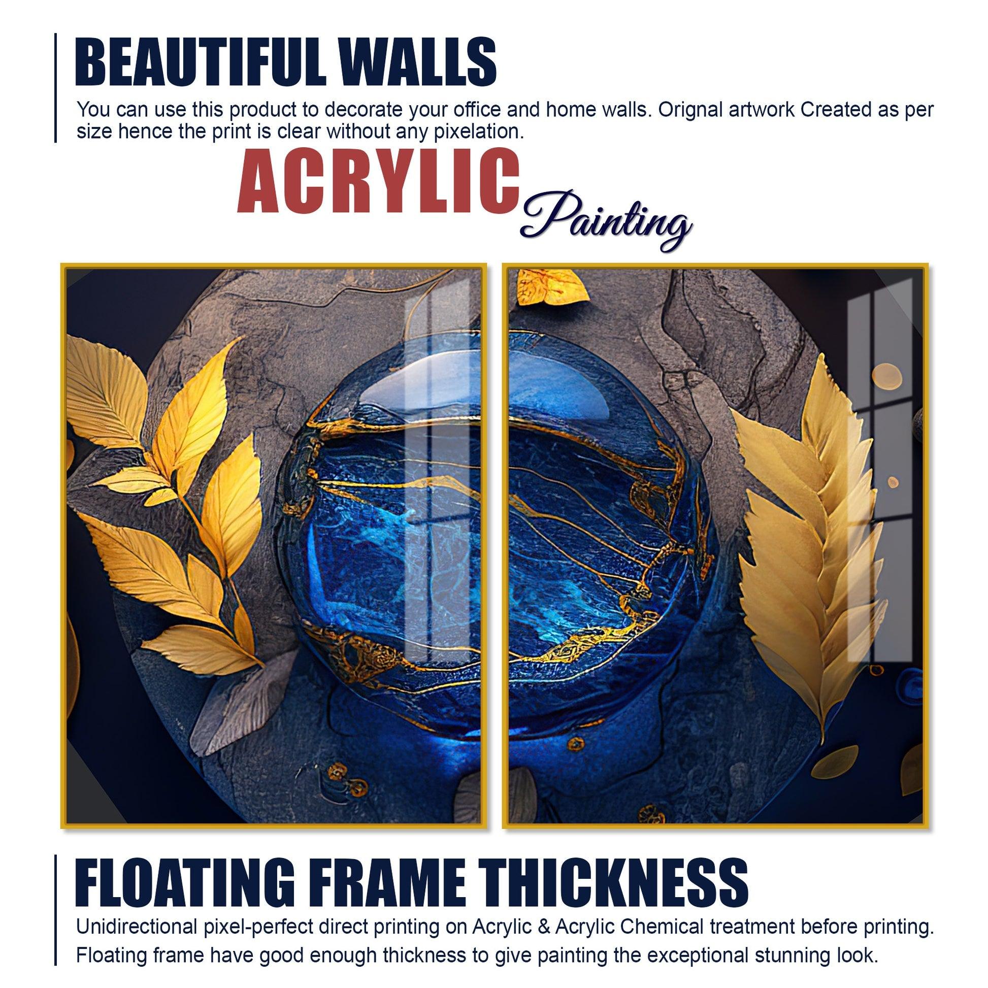 Golden Leaves Acrylic Floating Wall Painting Set of 2 - Decor Mantra 