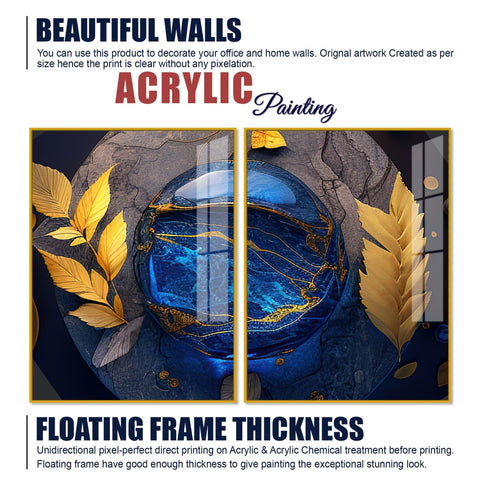 Golden Leaves Acrylic Floating Wall Painting Set of 2 - Decor Mantra 