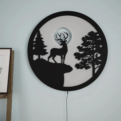 Full Moon Rounded Reindeer Backlit Wooden Wall Decor with LED Night Light - Decor Mantra 