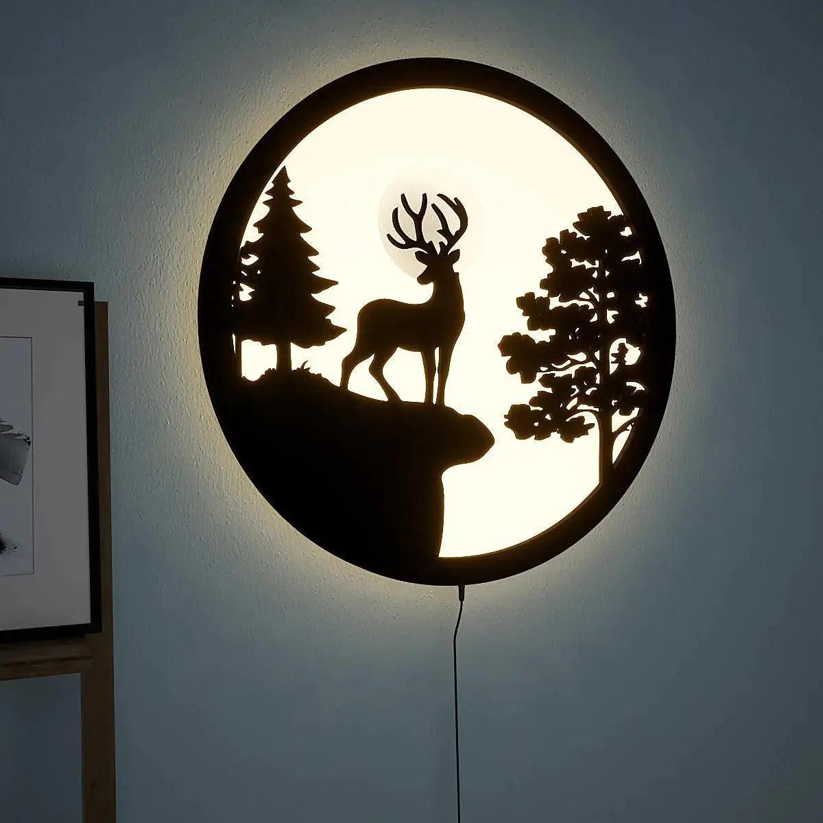 Full Moon Rounded Reindeer Backlit Wooden Wall Decor with LED Night Light - Decor Mantra 