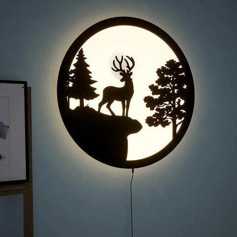 Full Moon Rounded Reindeer Backlit Wooden Wall Decor with LED Night Light - Decor Mantra 