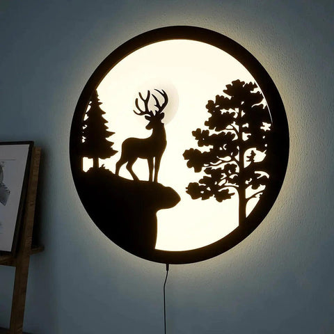 Full Moon Rounded Reindeer Backlit Wooden Wall Decor with LED Night Light - Decor Mantra 