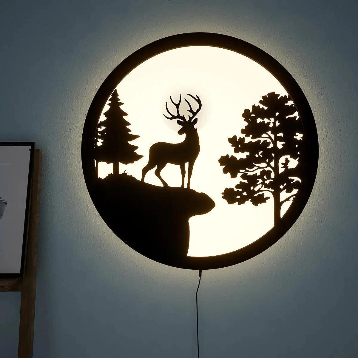 Full Moon Rounded Reindeer Backlit Wooden Wall Decor with LED Night Light - Decor Mantra 
