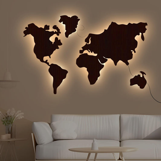 World Map Backlit Wooden Wall Decor with LED Night Light Walnut Finish - Decor Mantra 