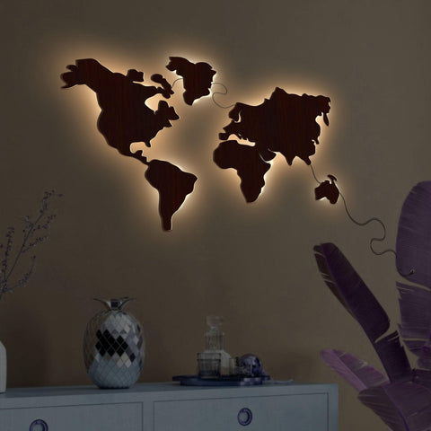 World Map Backlit Wooden Wall Decor with LED Night Light Walnut Finish - Decor Mantra 