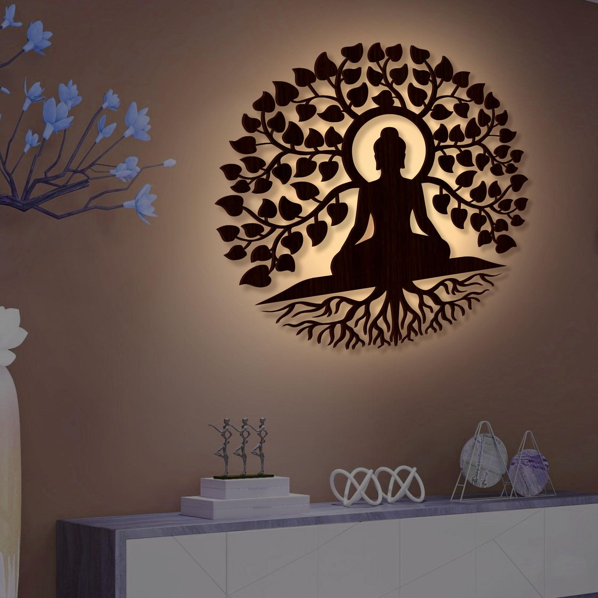 Meditating Lord Buddha Art Backlit Wooden Wall Hanging with LED Night Light Walnut Finish - Decor Mantra 